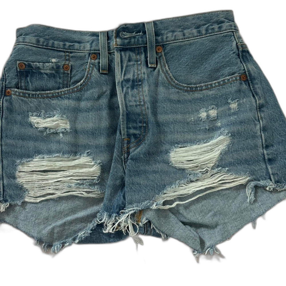 LEVI'S Women's Blue Denim High Rise Frayed High Waisted Navy Shorts Sz 26